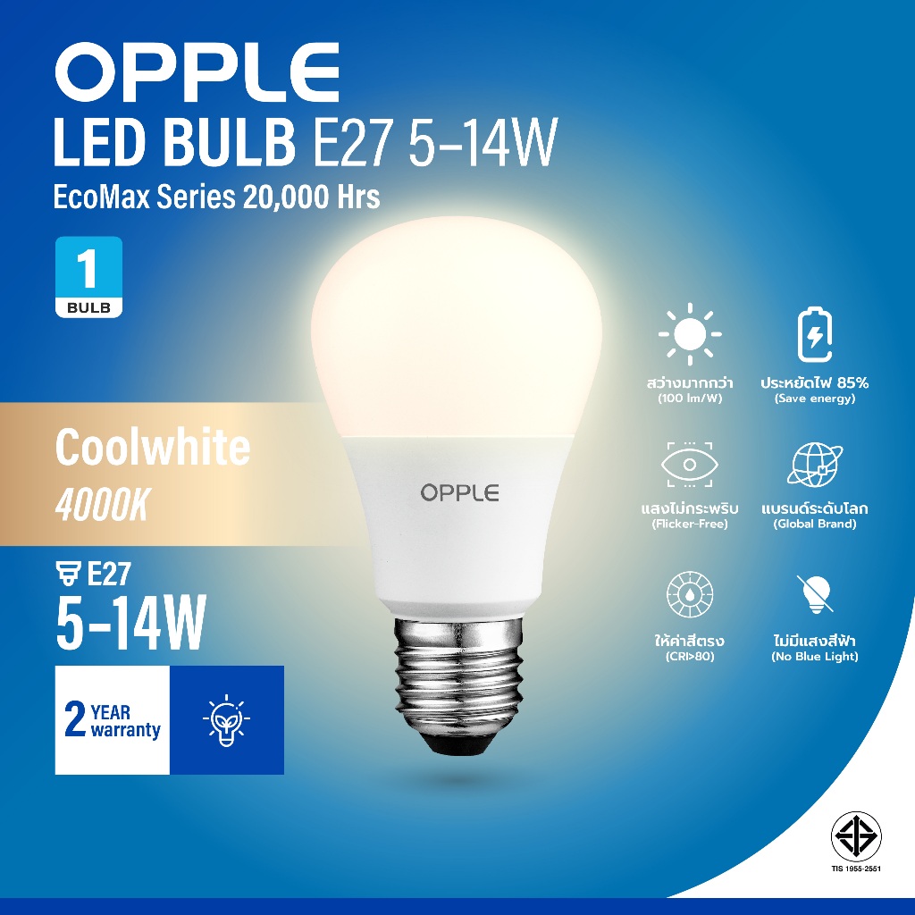 OPPLE | หลอดไฟ LED BULB ขั้ว E27 EcoMax 5W/7W/9W/12W/14W แสงธรรมชาติ Cool White 4000K ถนอมสายตา ประหยัดไฟ 20000 ชม.
