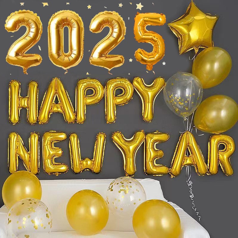 ลูกโป่ง Happy New Year 2025 ตกแต่งปาร์ตี้ธีมวันเกิดปีใหม่ ลูกโป่งฟิล์มอลูมิเนียม 16 นิ้ว