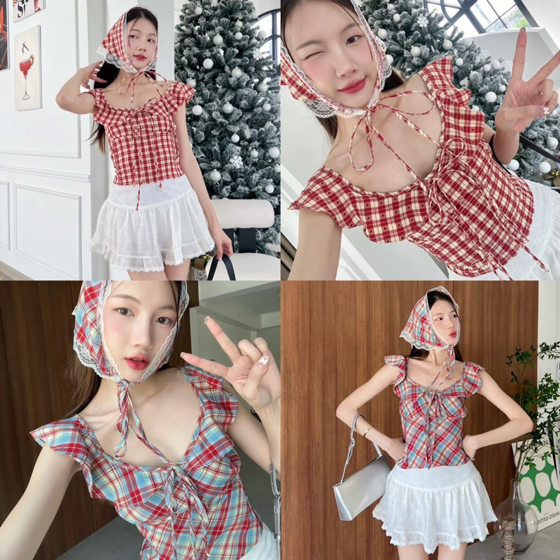 Sally Top เสื้อแขนระบายลายสก๊อต+ผ้าโพกผม