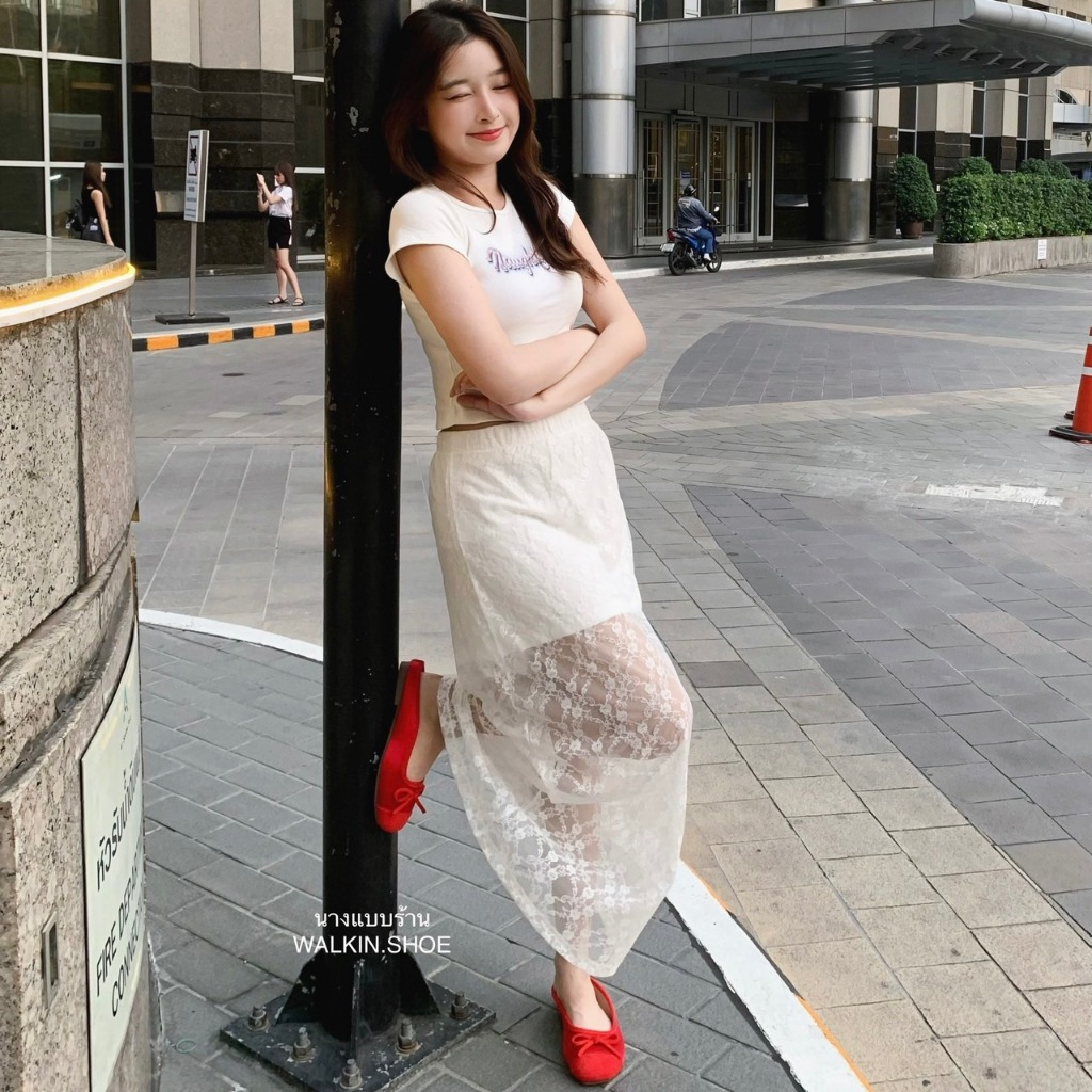 (พร้อมส่งจากไทย) รองเท้าเปิดส้นมีโบว์ สีแดง รุ่น JANE
