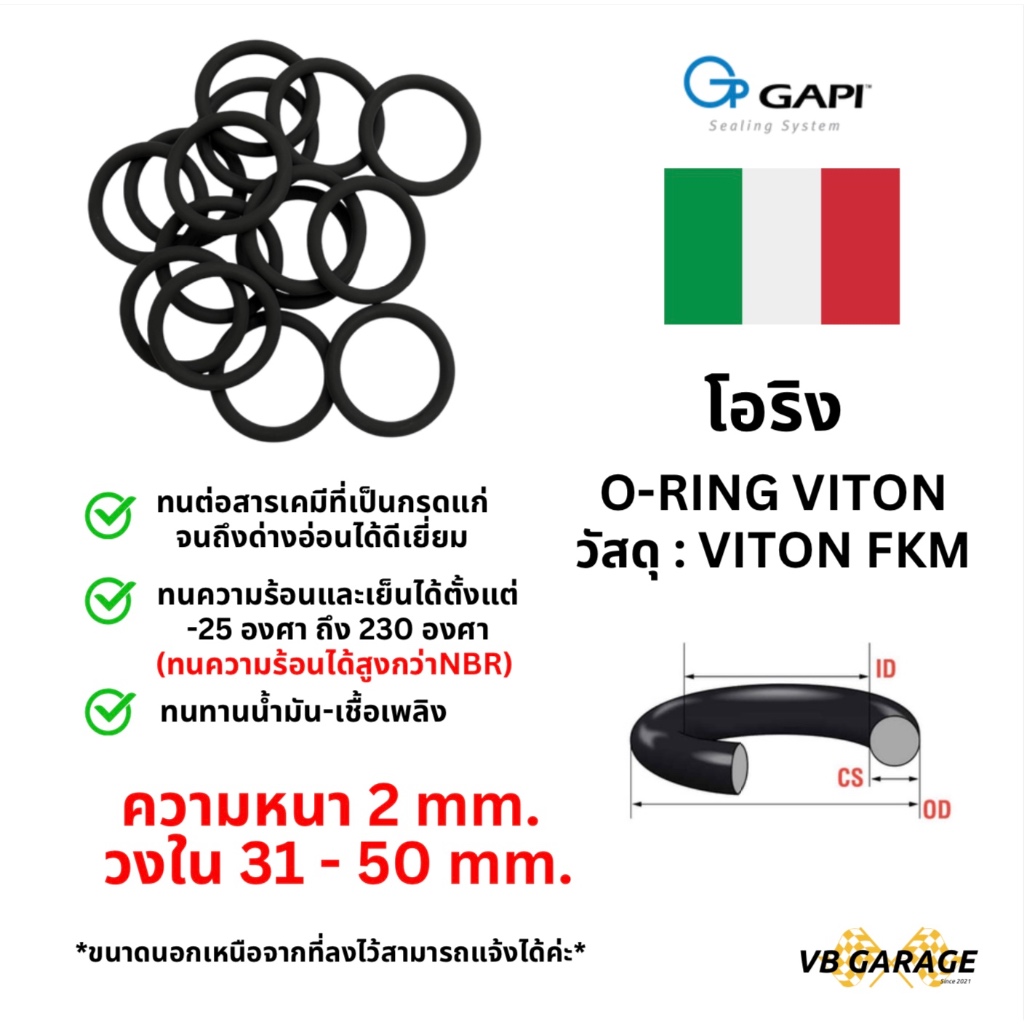 โอริงไวตัน O-Ring Viton ทนความร้อน วงใน ID 31 - 50 mm ความหนา 2 มิล GAPI จากอิตาลี🇮🇹