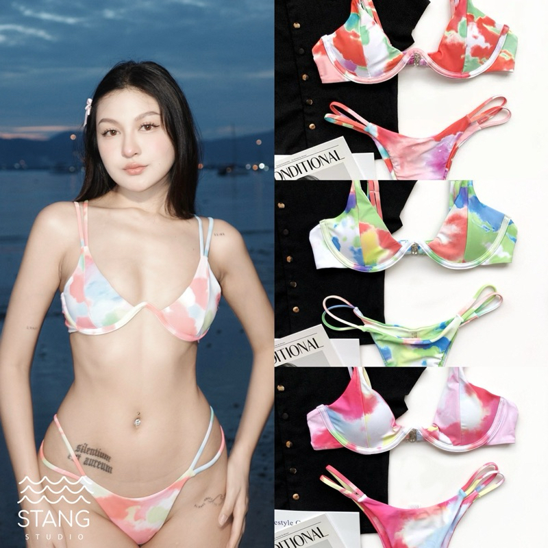ชุดว่ายน้ำย โครงดันทรง มีฟองน้ำ สีมัดย้อม ชมพู/ส้ม/เขียว