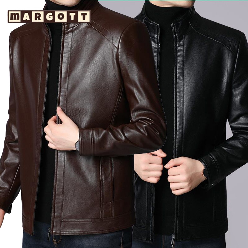 【margott9】แจ็กเก็ตหนังผู้ชาย กระเป๋าตะเข็บด้านข้างแบบลำลอง คอตั้งมีซิปสีดำ