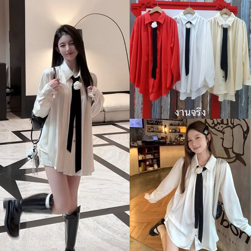 เข้าเพิ่ม พร้อมส่งค่า/IU/ มินิเดรสเชิ้ต ช่วงไหล่จับจีบ พร้อมโบว์ไทด์ติดเข็มกลัดดอกไม้ #เสื้อผ้าสาวอวบ อ้วน พลัสไซส์