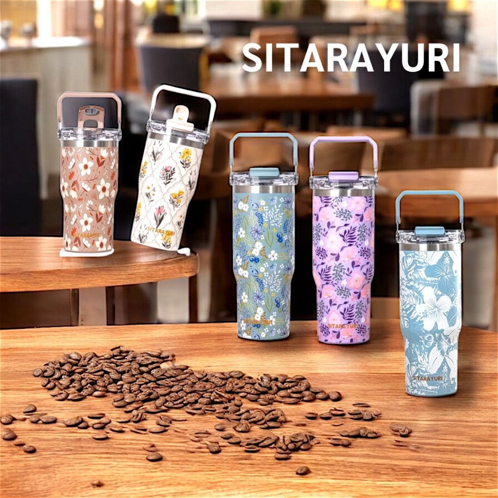 SITARAYURI แก้วน้ำยูริ งานพิมพ์ลวดลายรอบแก้ว เก็บอุณหภูมิอุ่นและเย็น สแตนเลส 304 เปิดดื่ม 2 แบบ ขนาด 600ml 900ml