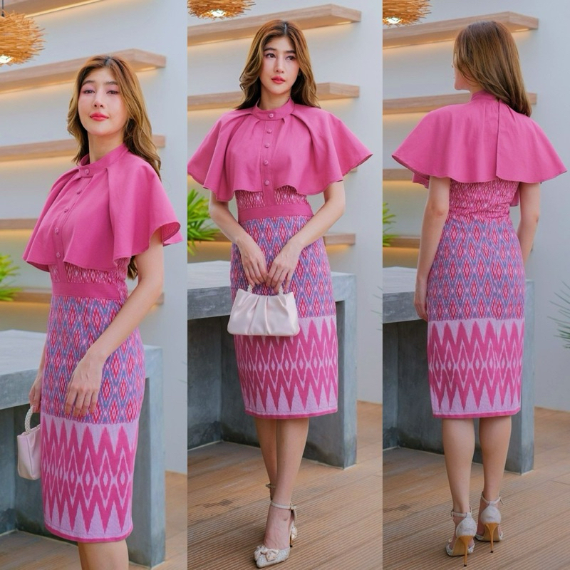 ชุดเดรสผ้าลายไทยผ้าฝ้ายพิมลายคอระบายสีชมกะปิ