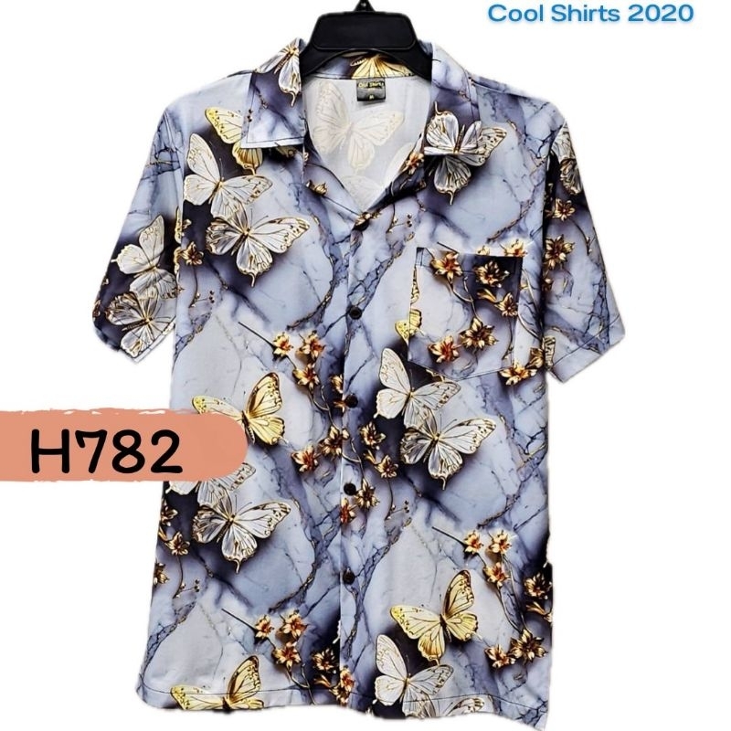 เสื้อฮาวาย ผ้าไหมอิตาลี หินอ่อน-ผีเสื้อ H782