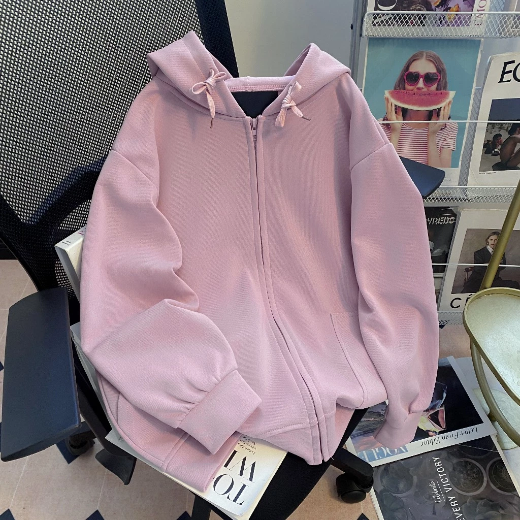 เสื้อกันหนาวแขนยาวมีซิปมีกระเป๋าและหมวก แจ็คเก็ตผู้หญิง งานห้าง เนื้อผ้าวอมคอตตอน100%7สี อก32-50