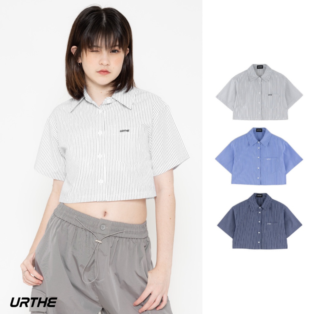 URTHE - เสื้อเชิ้ตครอป แขนสั้น ปักโลโก้ รุ่น ST SHIRT CROP