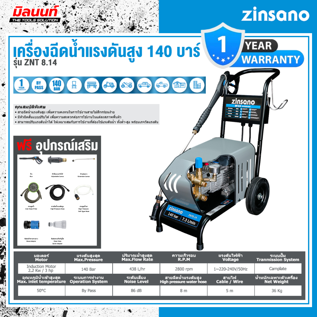 เครื่องฉีดน้ำแรงดันสูง Zinsano ZNT 8.14 ระบบ By Pass ปรับแรงดันน้ำได้