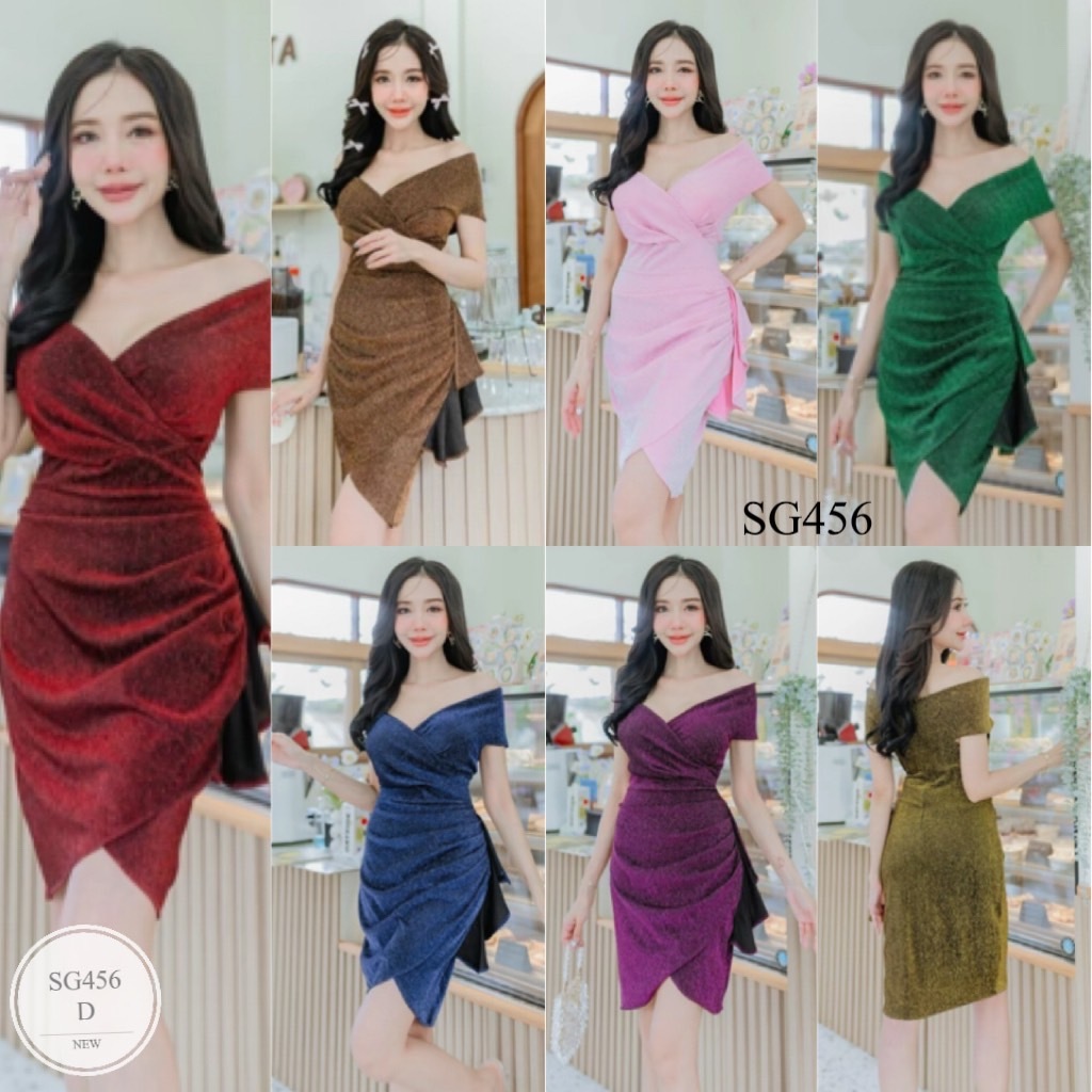 SG456  เดรสสั้นออกงานทรงกลีบบัว แต่งระบาย ผ้าglitter  ยืดได้เยอะ  งานฟรีไซส์ #สาวอวบ ใส่ได้