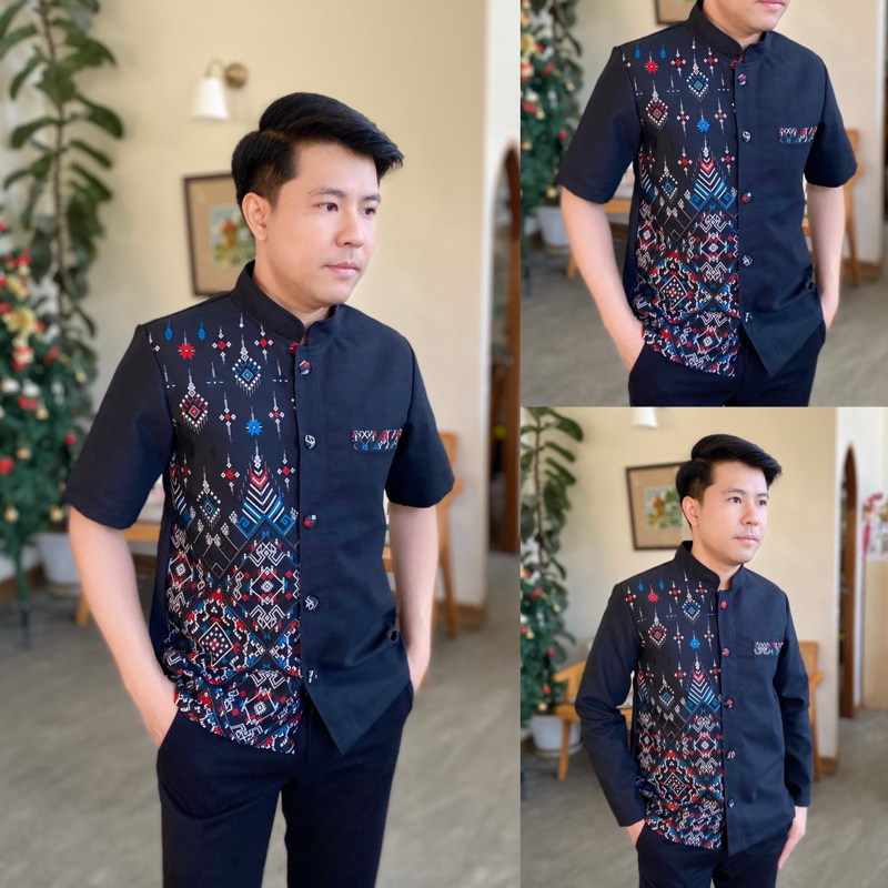 เสื้อเชิ้ตผ้าไทย (สีดำครึ่งตัว) : เสื้อใส่ทำงานผู้ชาย เสื้อใส่ออกงานผู้ชาย ผ้าทออัดกาวทั้งตัว