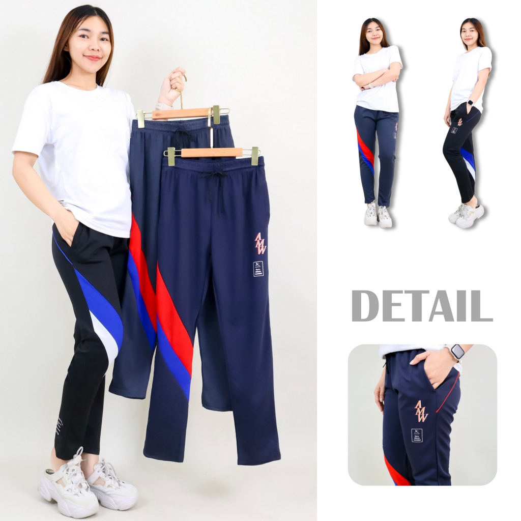 p977-5# กางเกงขายาว 9ส่วน กางเกงวอร์ม สกรีนลาย แต่งแถบขา ผ้าเกาหลี ใส่ออกกำลังกายได้