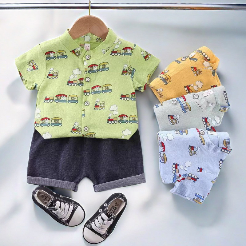 เสื้อผ้าแฟชั่นเด็กผู้ชาย ลายรถไฟ เสื้อ+กางเกงชุดเซ็ต2ชิ้น
