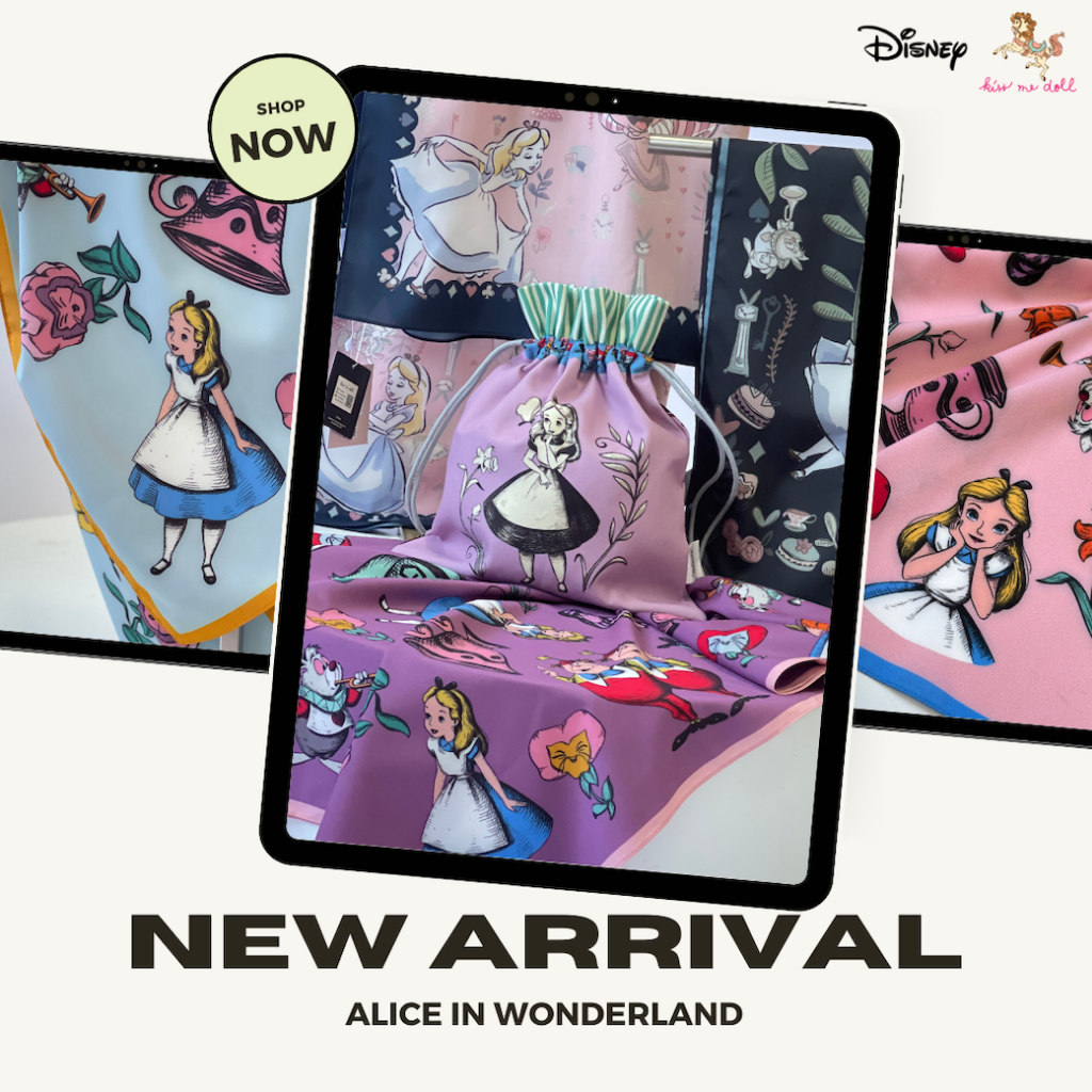 Kiss me doll ผ้าพันคอ ผ้าคลุมไหล่ Disney ลาย Alice in Wonderland 3 ลาย ขนาด 100x100 cm.