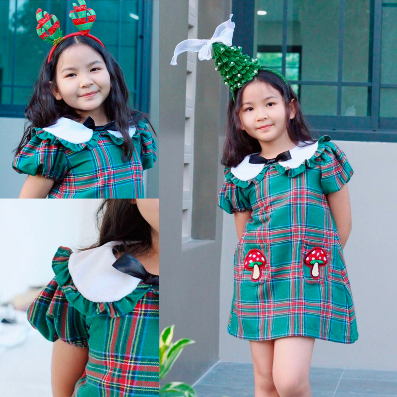 ชุดเดรสคอบัวระบายชาย แขนตุ๊กตา ซิปหลัง ปักเห็ด