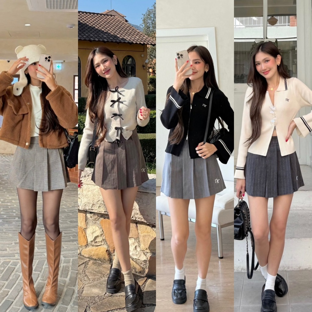 NICHARIS Mary Skirt ກະໂປງສັ້ນເອວສູງ ມີກางເກງໃນ (ໂຕສັບໃນຕົວ) ສີຂາວເທົ່າ/ເທົ່າເຂັ້ມ/Scott Brown