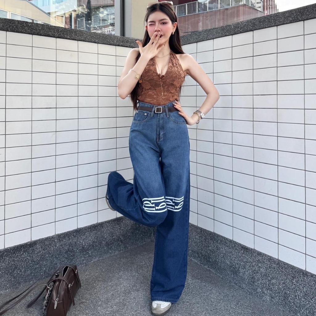 PMJ01 กระบอกกลางผ้านุ่มไม่ยืด สกรีนหน้าขา ทูโทน PATIMA JEANS