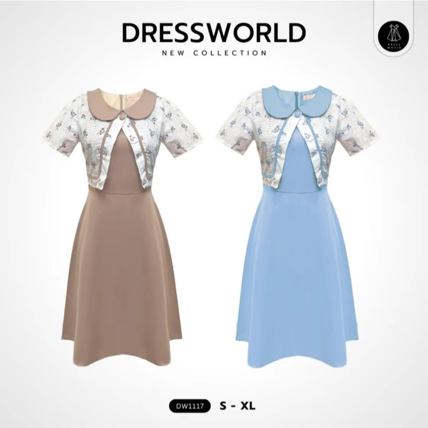 {S-XL} 1117 งานป้าย Dress World เดรสสั้นคอบัว แต่งกั๊ก ปักลายดอก น่ารักสุดๆ รีบจับจองจ้า