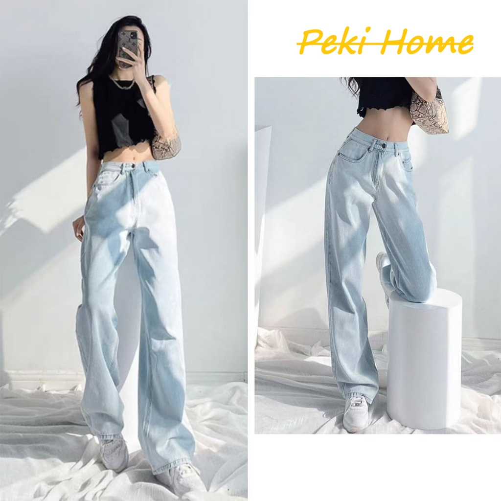 กางเกงยีนส์ขากว้างเอวสูง ทรงตรง สีอ่อน สำหรับสาวๆ