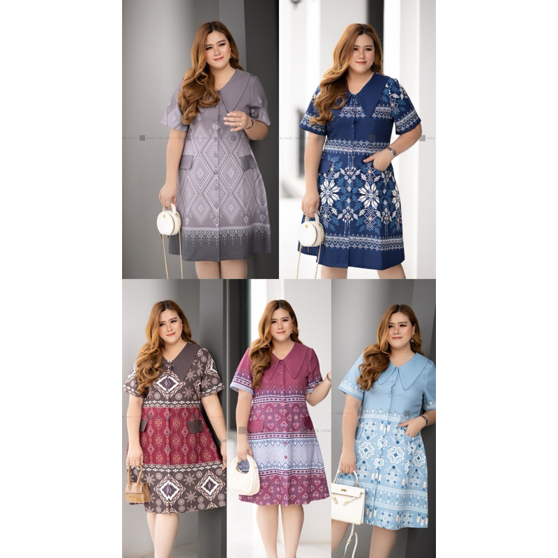 DR284 ชุดเดรสลายไทยประยุกต์ เสื้อผ้าพลัสไซส์ Plussize Fashion ชุดคนอ้วน แฟชั่นสาวอวบ