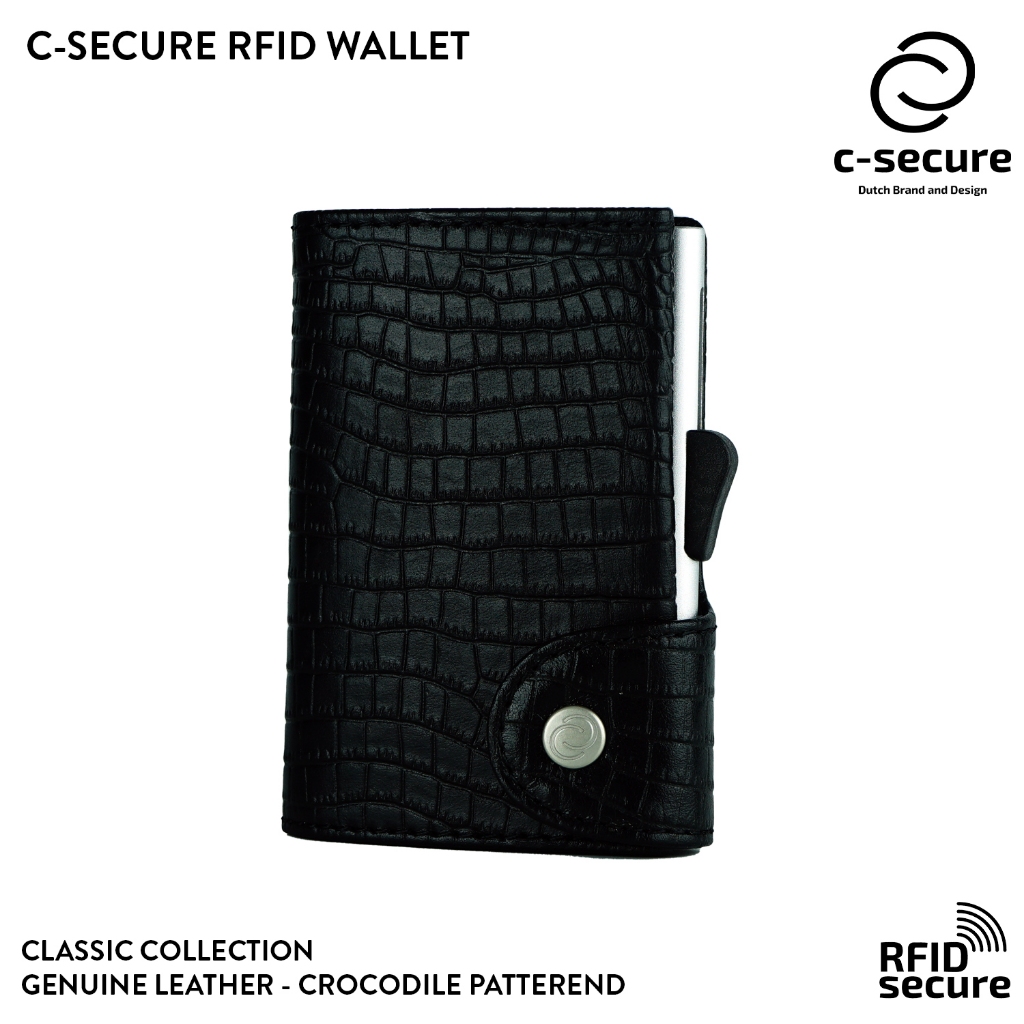 C-SECURE [พร้อมส่ง] กระเป๋าใส่บัตร กระเป๋าสตางค์ หนังแท้ ลายจระเข้ RFID Croco wallet