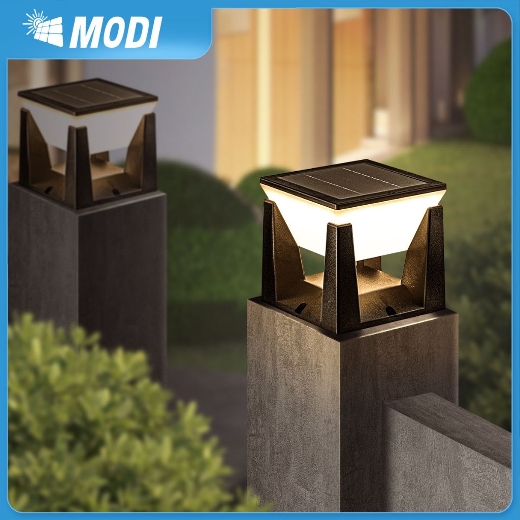MODI โคมไฟหัวเสาโซล่าเซลล์ เปิดได้ 3 แสง สว่างค้าง Outdoor garden light กันน้ำIP65 เปิดปิดอัตโนมัติ