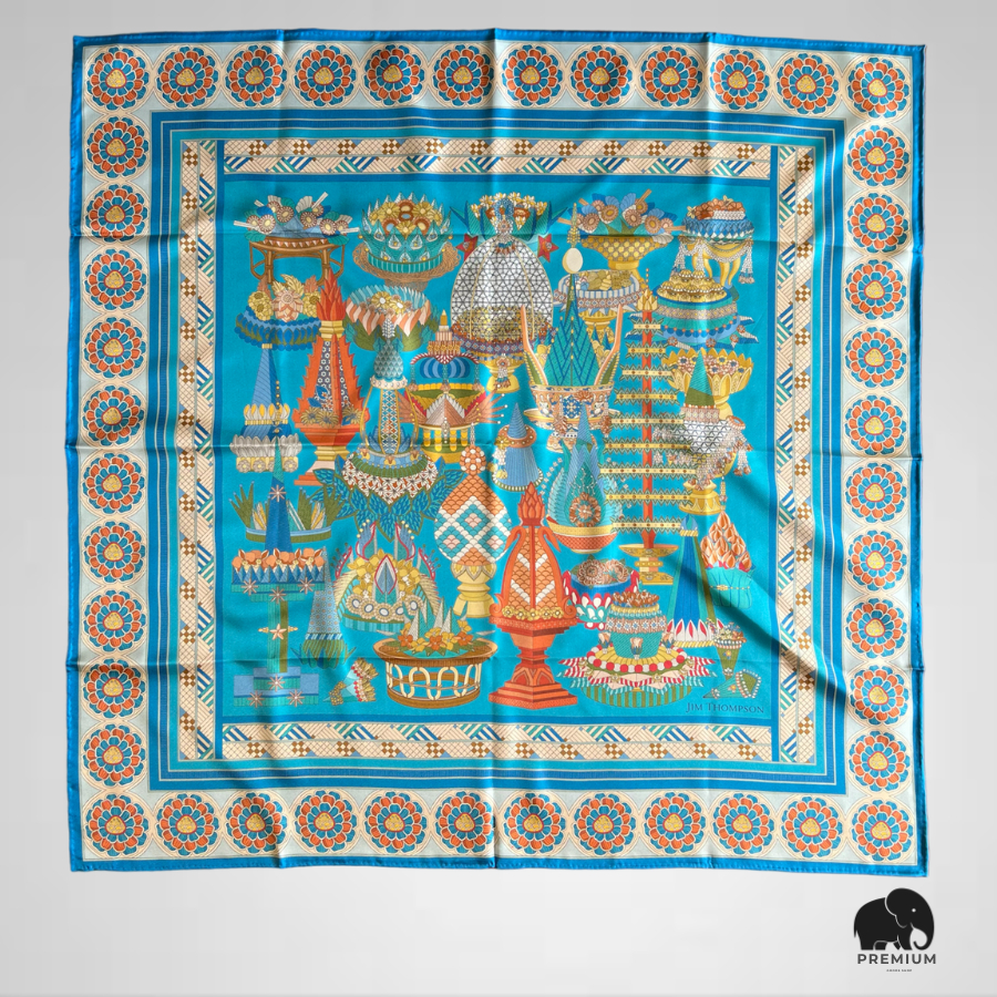 ผ้าพันคอผ้าไหม จิม ทอมป์สัน Silk scarf 33"x33" Jim Thompson ลายกระทงบายศรี