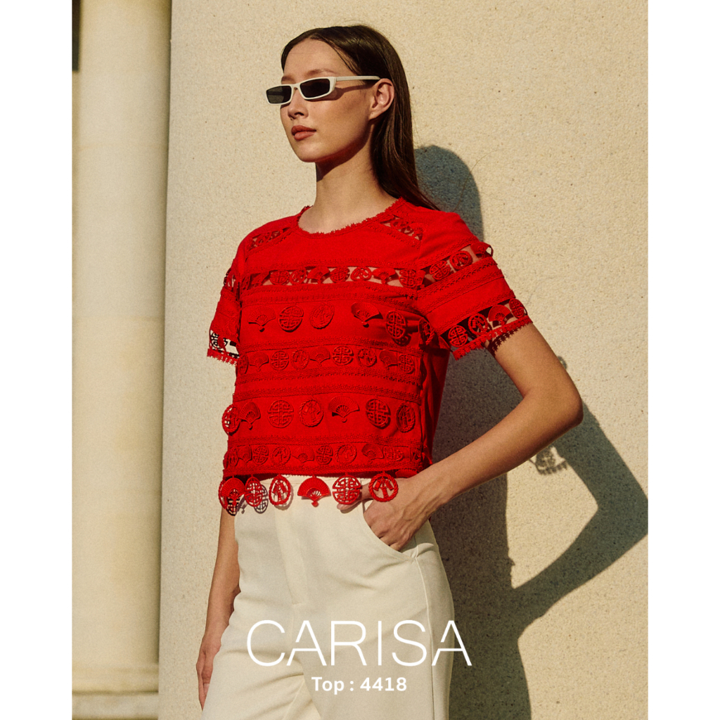 [4418] เสื้อตรุษจีนแขนสั้น งานลูกไม้ลอย ผ้าคอตตอล ซิปข้าง ทรงสวย แพทเทิลเป๊ะ ใส่สบาย