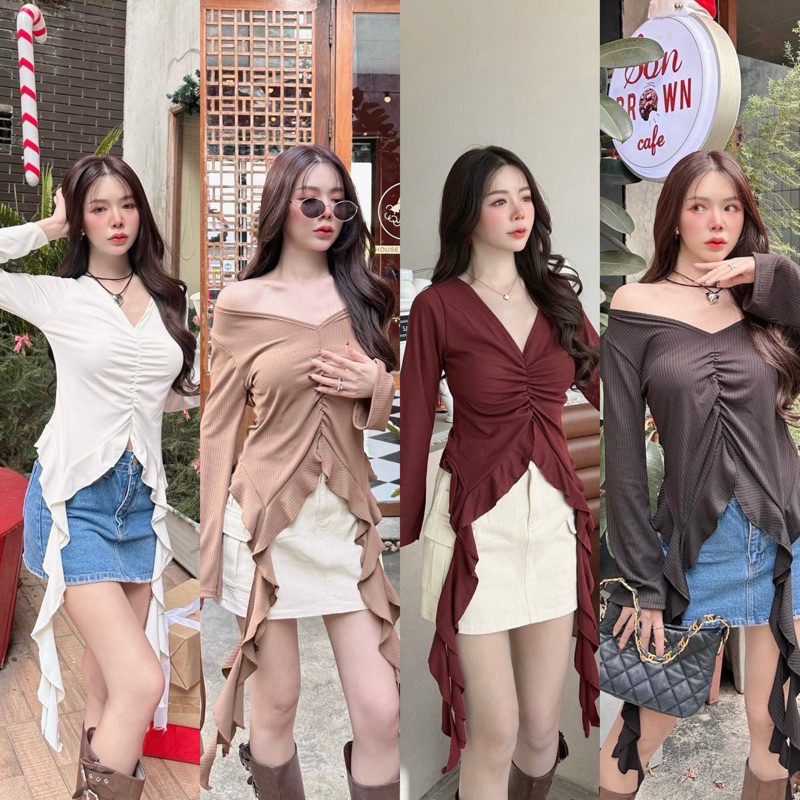 ♡NICOLE TOP♡ พร้อมส่ง เสื้อปาดไหล่แขนยาว ชายหางพริ้ว ผ้าร่องเย็นเนื้อสวย ใส่สบาย ไม่ร้อน งานเรียบหรู sheeny