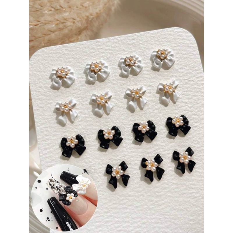 AC.1343 ร้านไทย ขายปลีก 1 ชิ้น พร้อมส่ง เรซินแต่งเล็บรูปโบว์ประดับมุกรุปดอกไม้
