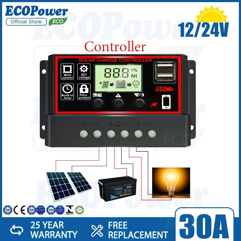 โซล่าชาร์จเจอร์ โซล่าชาร์จคอนโทรลเลอร์ ชาร์จเจอร์ 30A Solar charge controllerPWM12V/24V  Solar Light