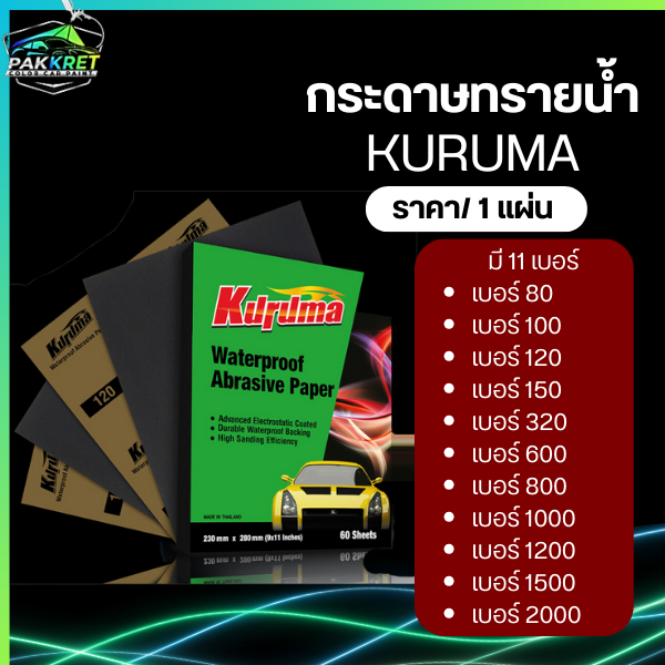 กระดาษทราย น้ำ ตรา Kuruma เบอร์ 80-2000 ขายเป็นแผ่น มีให้เลือกหลายเบอร์ By PKC