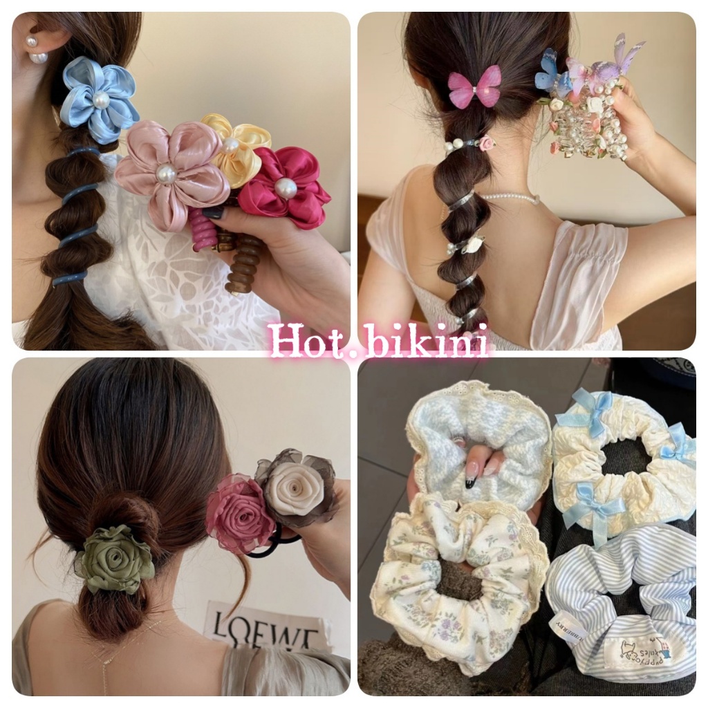💖กำลังส่ง💖ยางมัดผมแฟชั่น กิ๊บผมหางม้า ไข่มุก ขนาดใหญ่ แต่งลูกไม้ สีขาว ดอกไม้ ตกแต่ง ไปที่ชายหาด