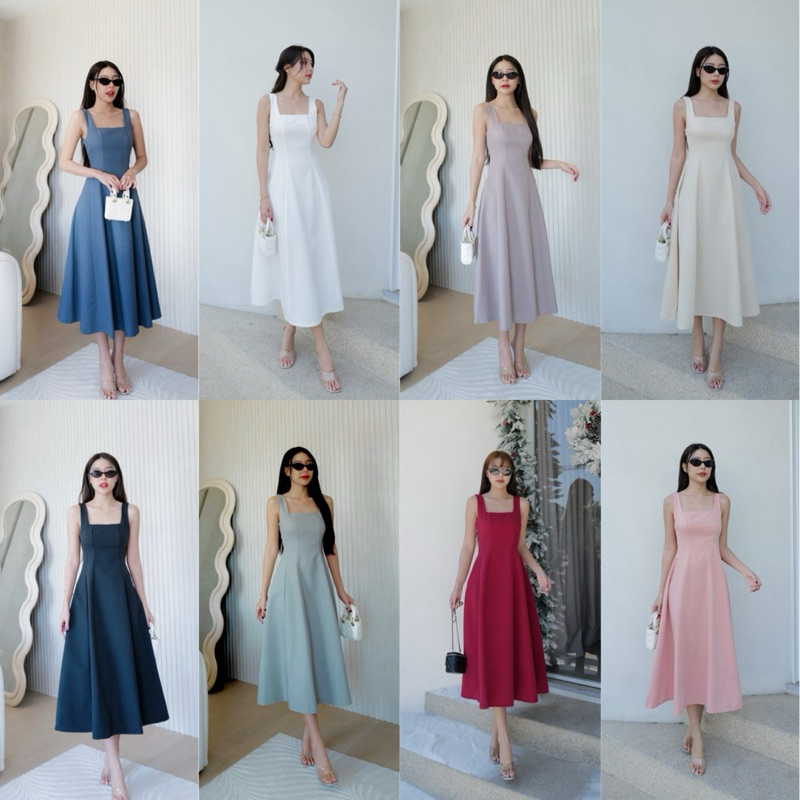 IN37 เดรสยาวคอเหลี่ยมแขนกล้าม