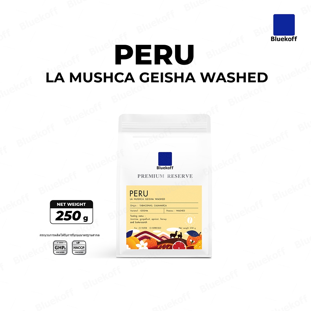 Bluekoff เมล็ดกาแฟ Peru La Mushca Geisha Washed Arabica 100% (1 ถุง บรรจุ 250 กรัม)