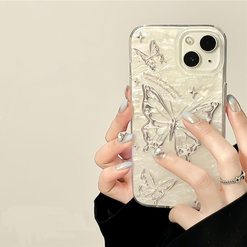 เคสไอโฟน11 ผีเสื้อสีเงิน โฮโลแกรมเลเซอร์ใสเคสลายเปลือกหอย For iPhone 11 12 13 14 16 15 Pro Max X 7Plus XR เคส กันกระแทก