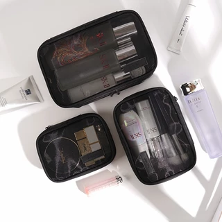 กระเป๋าเครื่องสำอางค์แบบเดินทาง สีดำ ตาข่าย ขนาดรวม 3 ชิ้น พกพาสะดวก