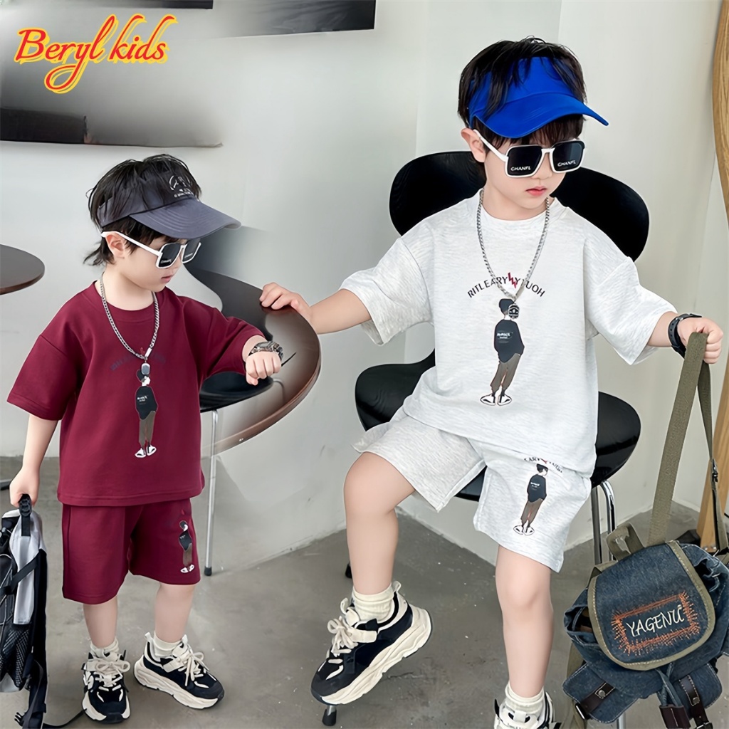 Beryl kids🌸ชุดเซ็ทเด็กผู้ชายแฟชั่น🎀เสื้อผ้าคอกลมแขนสั้นกางเกงขาสั้น พิมพ์ลายน่ารัก ลำลองเท่ๆ 2ชิ้น สไตล์เกาหลี