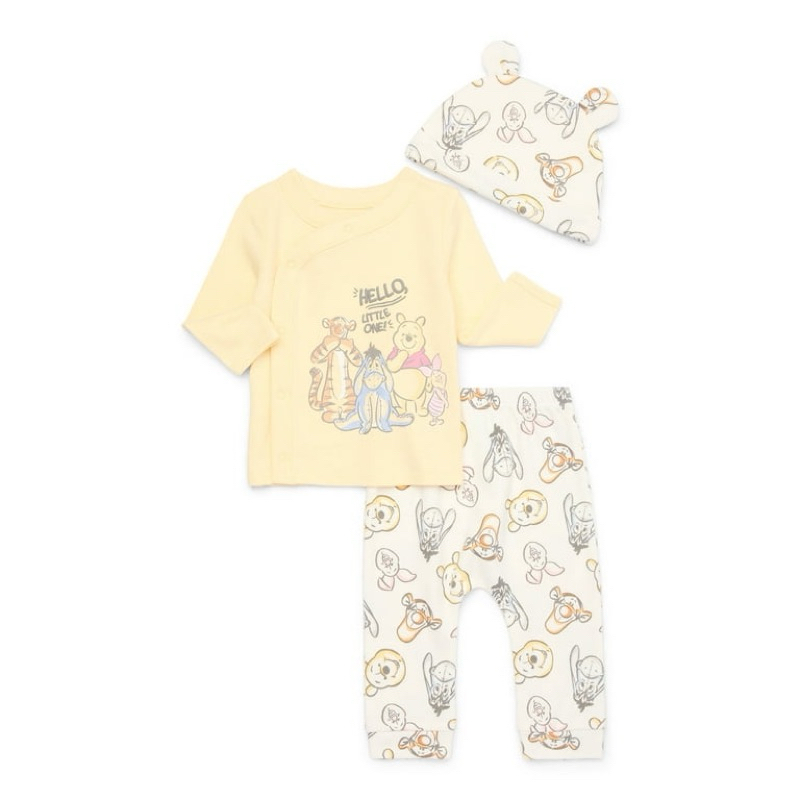 Disney walmart ชุดเซต 3 ชิ้น เสื้อกระดุมหน้าแขนยาว + กางเกงขายาว + หมวก *หมีพูเหลืองครีม