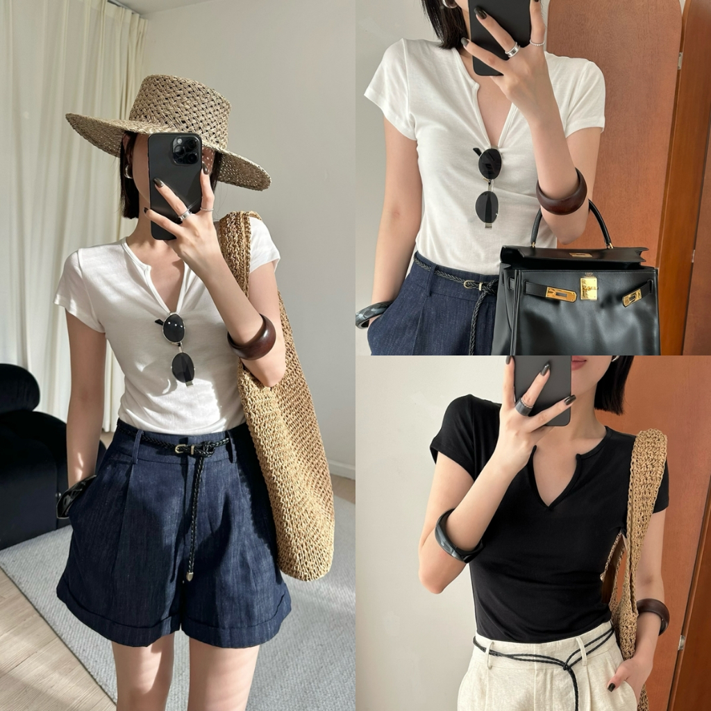 Beryl เสื้อยืดคอวีแขนสั้นผู้หญิง สีพื้น สไตล์เกาหลี เสื้อทรงเข้ารูป