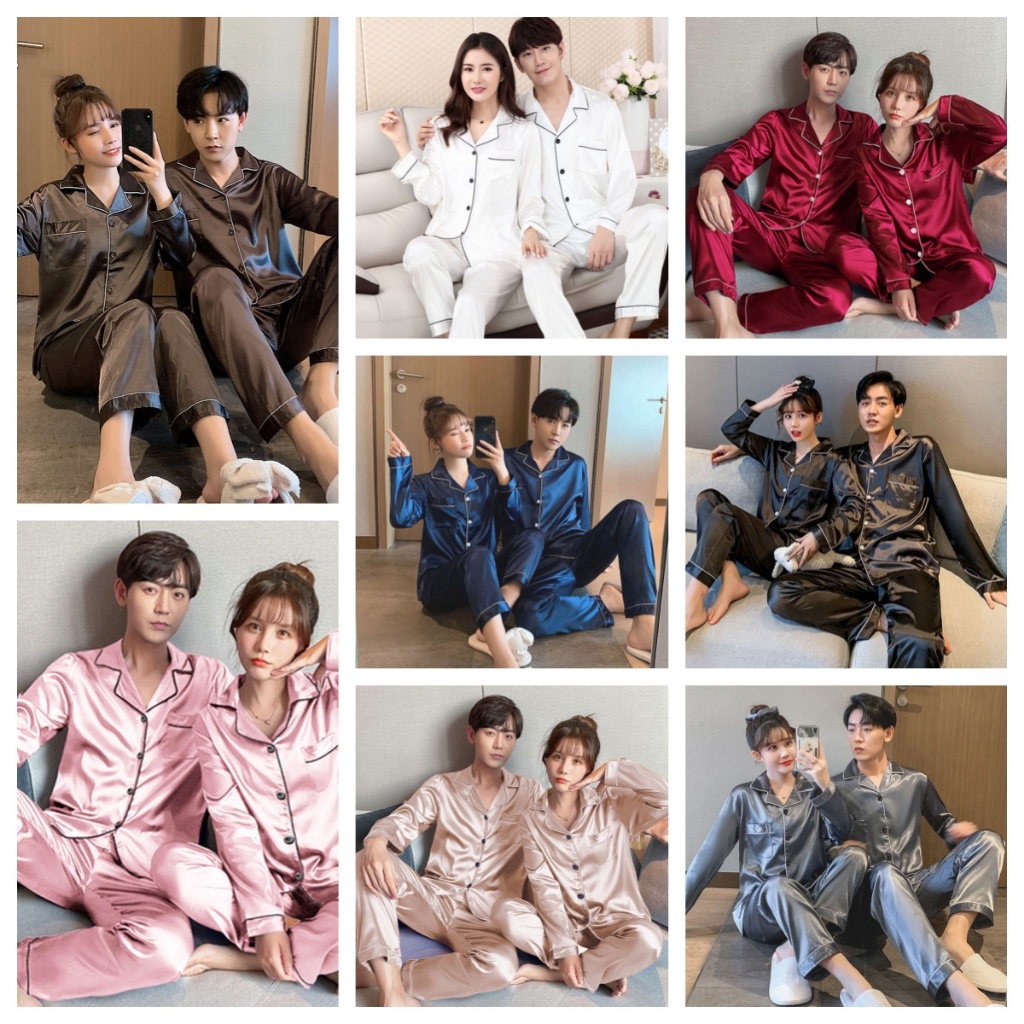 NEW แขนยาว+ขายาว M-5XL ชุดนอนผ้าซาติน ชุดนอนสีพื้น ชุดนอนแฟชั่นสไตล์เกาหลี ชุดนอนคู่รัก ส่งจากไทย（ราคา 1 ชุด）