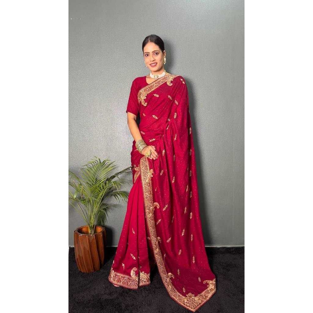 SAREE FABRIC - Premium Blooming Vichitra silk   ▫️SAREE SIZE - Free Size (28 Upato 44)  ▫️SAREE WORK