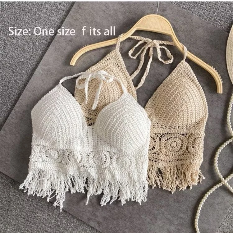 SGH0246 บราสายเดี่ยว แบบถักไหมพรม สไตล์โบฮีเมียน งานสวย ลุคเซ็กซี่ มีฟองนํ้าในตัว ใส่ไปทะเล
