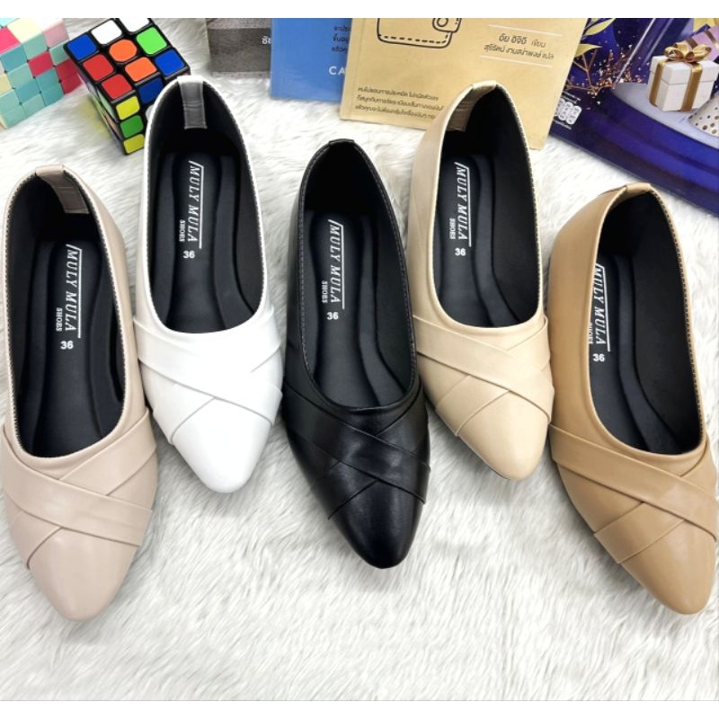 🔥รองเท้าคัทชู #หัวแหลม #ส้นแบน ดีไซน์แถบไขว้กากบาทด้านหน้า..พร้อมส่ง✅