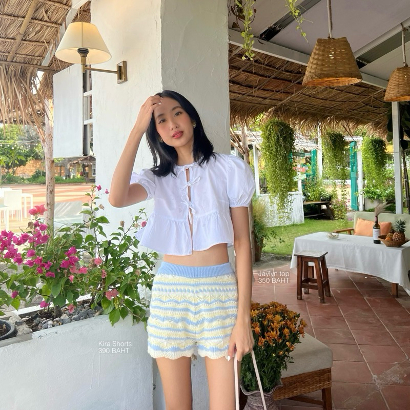 used for once - Flore.apparels เสื้อครอปแขนตุ๊กตา เสื้อเชิ้ตผูกโบว์