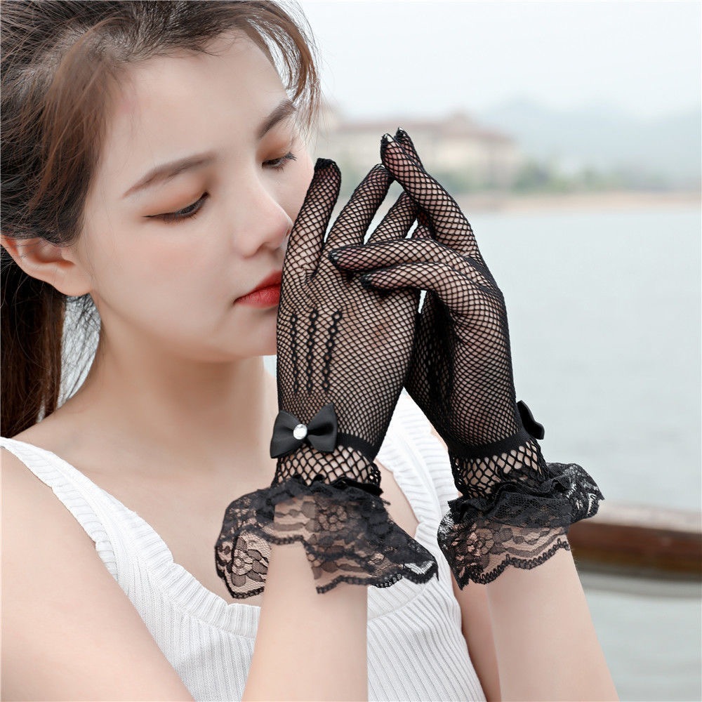 ถุงมือลุกไม้ ถุงมือตาข่าย ถุงมือโปร่งใสแฟชั่นถุงมือบางลูกไม้สีดำขาวสำหรับผู้หญิงถุงมือชุดเต้นรำงานพรอมหรูหรา