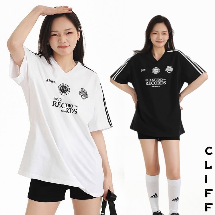 CLIFF สไตล์อเมริกัน คอวี ผู้หญิง แขนสั้น แนววินเทจ แฟชั่น ฤดูร้อน เสื้อยืด oversize