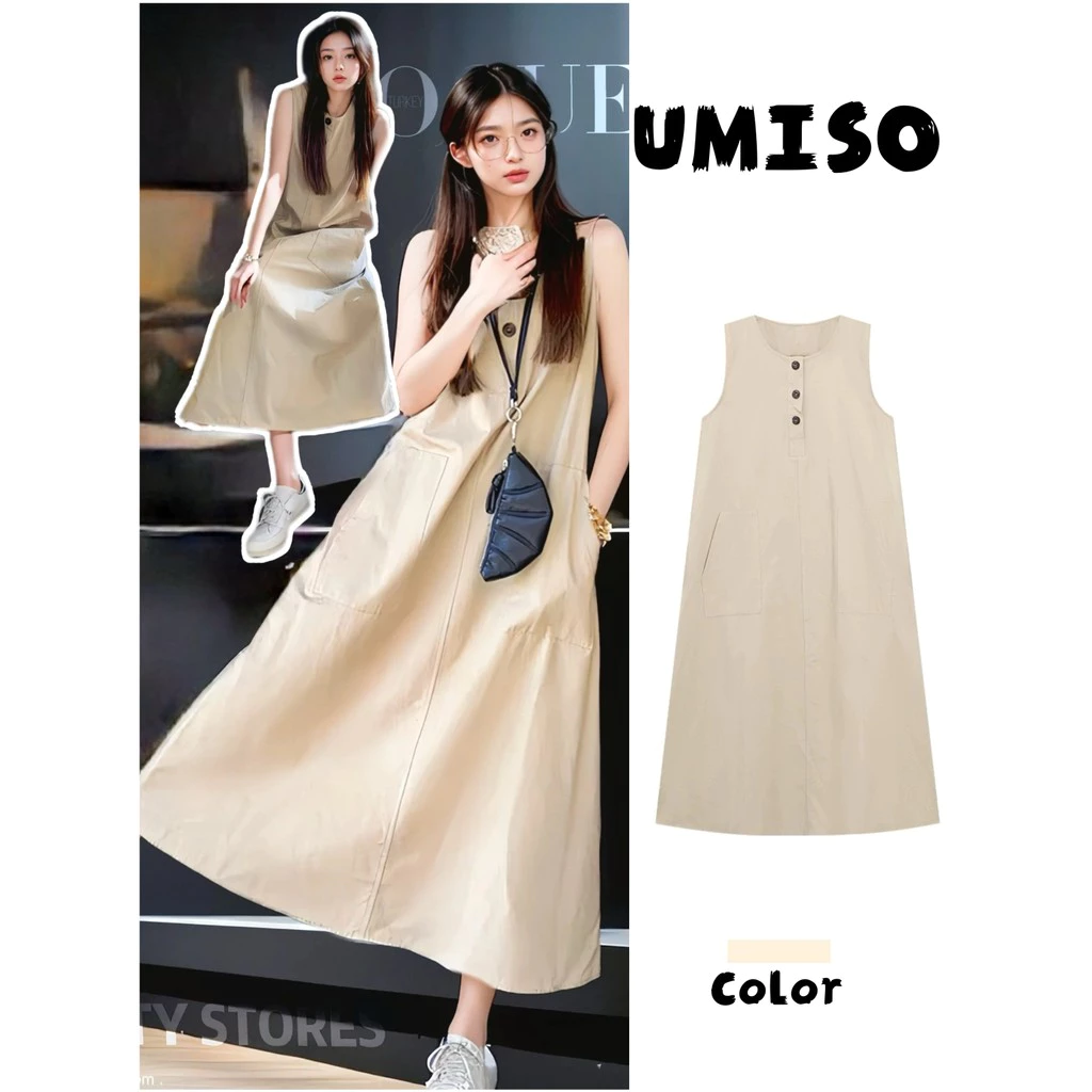 UMISO เดรสยาว ใส่สบาย สไตล์เกาหลีเดรส ชุดเดรสยาว กระดุมใช้งานได้จริง ผ้ายืด