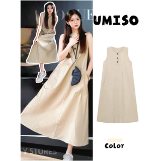 UMISO เดรสยาว ใส่สบาย สไตล์เกาหลีเดรส ชุดเดรสยาว กระดุมใช้งานได้จริง ผ้ายืด
